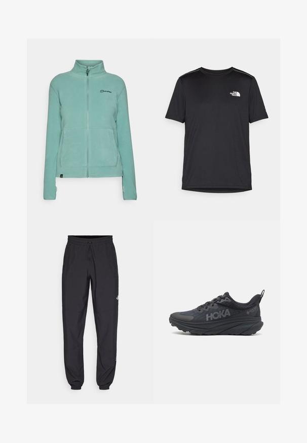 Švelniu mėlynu tonas poliarinio vilnos džemperis su aukštu apykakle, užtrauktuku iki galo, dviem priekinėmis kišenėmis ir logotipo detale ant kairiojo krūtinės. Minkšta tekstūra.; Juodas trumpas rankovės marškinėliai, pagaminti iš lengvos medžiagos. Yra mažas baltas logotipas kairiajame krūtinės pusėje ir subtilūs pečių akcentai.; Juodos sportinės kelnės, pagamintos iš lengvos medžiagos, su raišteliu liemens srityje, šoniniais kišenėmis ir siaurėjantys apykaklės prie kulkšnies.; Juodas Hoka bėgimo batelis su tinklu viršuje, tekstūruotais akcentais ir storu, paminkštintu padu su siaurėjančiais kraštais, užtikrinančiais geresnę atramą.