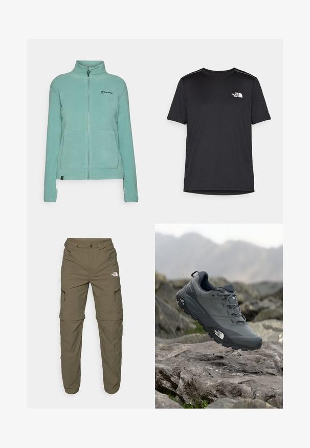 Fleecasta jakna v svetli teal barvi z visokim ovratnikom, polnim zadrgo, dvema sprednjima žepoma in logotipom na levi strani prsnega koša. Mehka tekstura.; Črna kratkosleevena majica iz lahkotnega materiala. Ima majhen bel logo na levem prsnem delu in diskretne poudarke na ramenskem predelu.; The North Face EXPLORATION TAPERED CONVERTIBLE - Hlače za na prostem - new taupe green; Sive teka za trail tek, z teksturirano zgornjimi deli, trpežnim gumijastim podplatom in ojačanim kapico za prste. Ima vezi in logotip blagovne znamke na strani.
