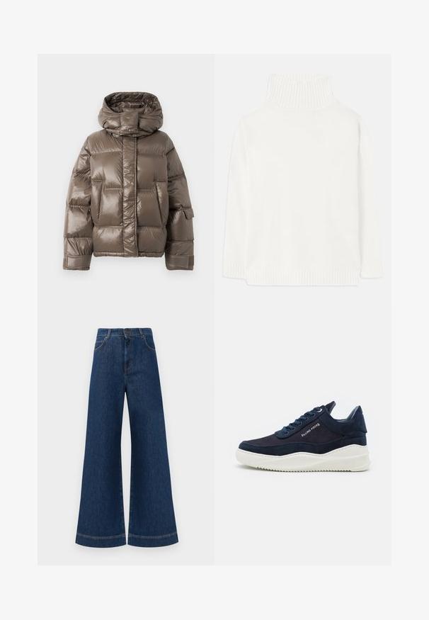 Brown padded jacket with a high collar, featuring a glossy finish, large front pockets, and a slightly oversized shape.; White turtleneck sweater with ribbed collar and hem, featuring a soft texture and an oversized silhouette, ideal for casual wear.; Wide-leg blue denim jeans with a high waist, featuring a button closure, belt loops, and subtle stitching details along the pockets and hems.; Dark navy suede sneakers with white rubber soles, rounded toe, and lace-up design. Features logo detail on the side and textured accents.