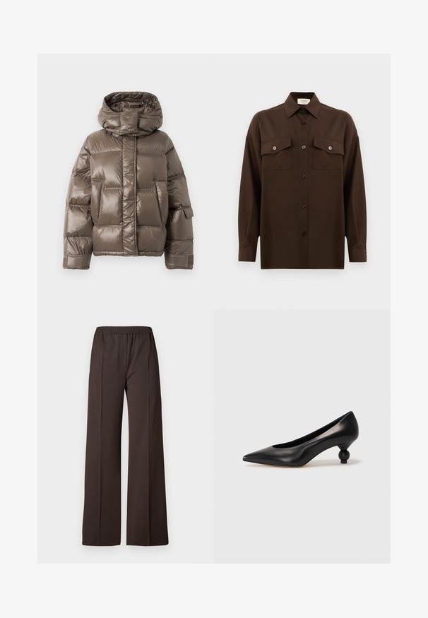 Jachetă umplută maro, cu guler înalt, având un finisaj lucios, buzunare frontale mari și o formă ușor supradimensionată.; Cămașă lungă, cu mâneci lungi, de culoare maro închis, cu două buzunare frontale cu clapetă și guler clasic, expusă pe un fundal alb simplu.; Pantaloni largi dintr-o țesătură maro închis cu un tiv elastic, având o textură netedă și linii curate pentru un aspect elegant.; Pantofii cu toc înalt din piele neagră, cu vârf ascuțit și toc rotund, mimos. Textură netedă, cu un design elegant și minimalist.