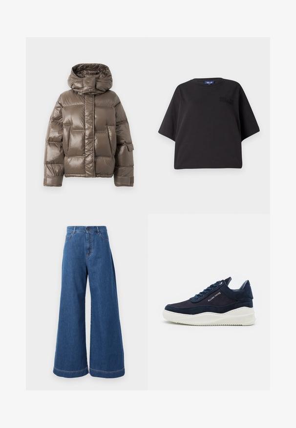 Smeđi jakna s podstavom i visokim ovratnikom, s sjajnom završnom obradom, velikim prednjim džepovima i lagano prevelikim oblikom.; Crna majica kratkih rukava od pamuka, s opuštenim krojem i utisnutim brendom na prednjoj strani blizu ramena.; Široke traperice u srednje plavoj denim boji, s visokim strukom, prednjim džepovima i kontrasnim šavovima duž šavova i rubova.; Tamno plavi zamakani tenisice s bijelim gumennim potplatima, okruglim vrhom i vezanjem. Imaju detalj s logotipom sa strane i teksturirane akcentne.