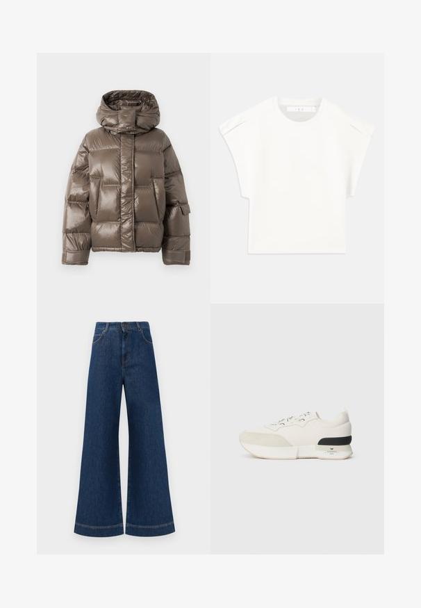 Καφέ παλτό με επένδυση και ψηλό γιακά, με γυαλιστερή επιφάνεια, μεγάλες μπροστινές τσέπες και ελαφρώς υπερμεγέθη γραμμή.; Λευκό τετράγωνο μπλουζάκι με κοντά μανίκια. Φτιαγμένο από λεία ύλη, διαθέτει στρογγυλή λαιμόκοψη και διακριτικές λεπτομέρειες στους ώμους. Απλός σχεδιασμός.; Μπλέ τζιν παντελόνια σε φαρδιά γραμμή με ψηλή μέση, που διαθέτουν κουμπί κλεισίματος, θηλίες ζώνης και διακριτές ραφές κατά μήκος των τσεπών και των τελειωμάτων.; Λευκό αθλητικό παπούτσι με υφασμάτινο καπάκι από σουέντ, ομαλή καλή, διακοσμητικά κορδόνια και μαύρη λάστιχο τακούνι.