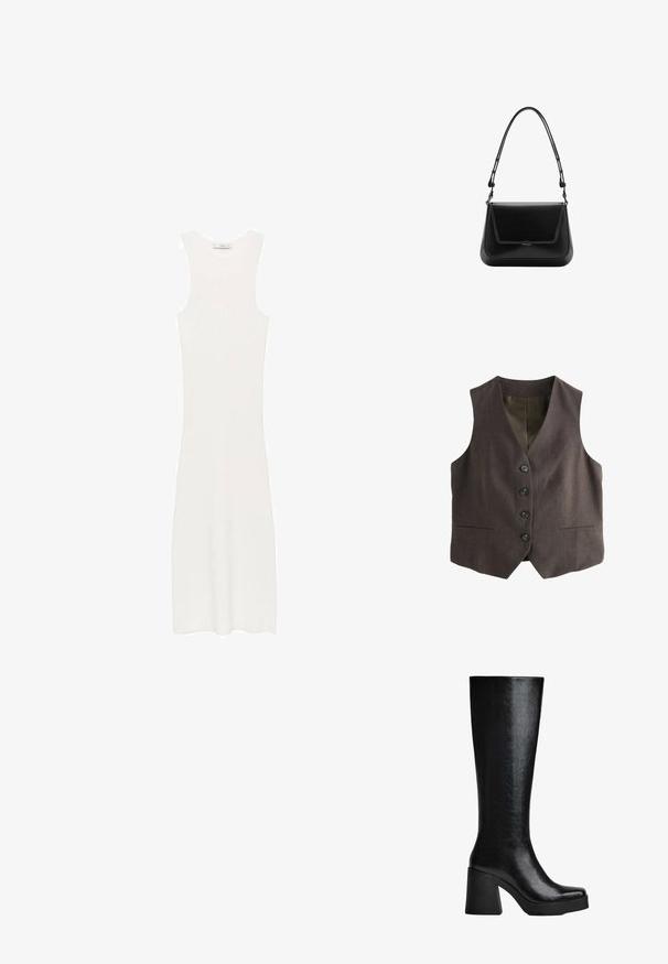 Gilet marrone con taglio classico; presenta un profondo scollo a V, sei bottoni sul davanti e due tasche laterali. Tessuto strutturato.; Abito bianco senza maniche, in maglia a costine e con silhouette aderente, che arriva sotto il ginocchio. Design semplice e minimalista, privo di motivi o accessori.; Stivale nero al ginocchio realizzato in materiale sintetico testurizzato, dotato di punta quadrata, tacco alto e spesso, e superficie liscia e brillante.; Mango Borsa a mano - black