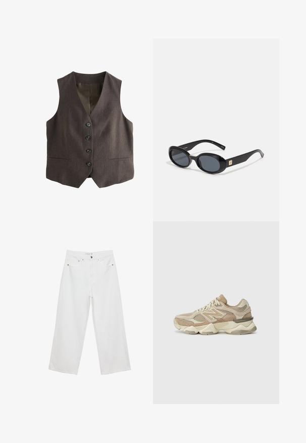 Brown vest with a classic cut; features a deep V-neck, six buttons down the front, and two side pockets. Textured fabric.; White sleeveless tank top with a square neckline, smooth texture, and a form-fitting design. Made from lightweight fabric.; White wide-leg jeans made of denim with a high waist, featuring five pockets and metal hardware accents. Smooth texture, no visible patterns.; Beige athletic sneakers with mesh and suede materials, rounded toe, thick sole, and notable reflective accents on the side.; Black oval sunglasses with dark lenses, glossy plastic frame, wide arms, and a small gold accent on one side.