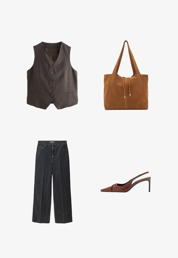 Brun vest med klassisk snit; har en dyb V-hals, seks knapper foran og to sidelommer. Teksturstof.; Hvid T-shirt lavet af blødt, let stof. Har en rund halsudskæring og korte, brede ærmer med en afslappet pasform. Ingen synlige mønstre.; Bredde ben sorte denim jeans med høj talje, forlommer og knaplukning. Stoffet har en glat finish med minimal slitage.; Brun læder slingback hæl med spids tå, udskæring ved vampen og en elegant stiletto hæl. Glat tekstur.; Brun ruskinds-tote med to lange stropper, snørelukning og minimalistisk design. Glat tekstur og ingen synlige hardware-detaljer.