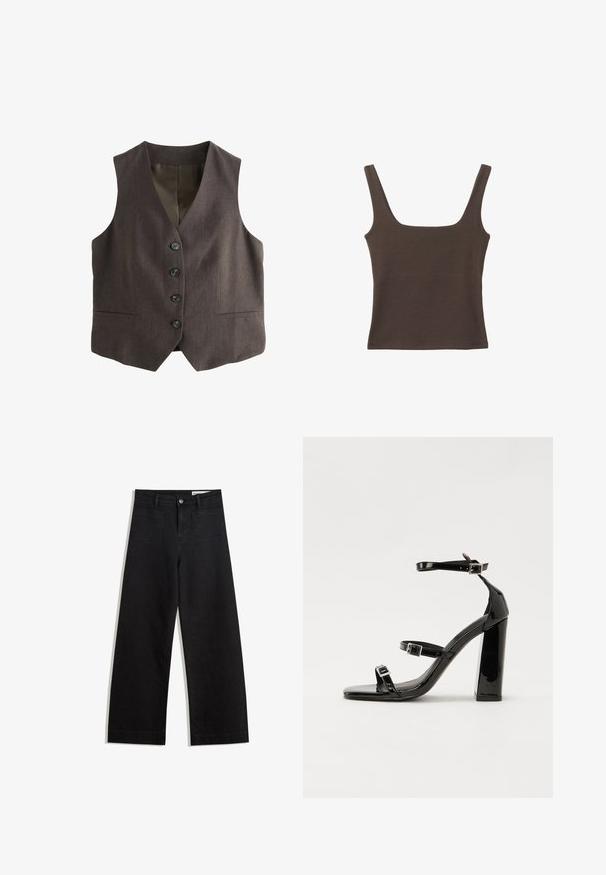 Smešasta smeđa prsluk klasičnog kroja; ima duboki V-izrez, šest dugmadi sprijeda i dva bočna džepa. Teksturirana tkanina.; Smešani smeđi top bez rukava sa kvadratnim izrezom, izrađen od mekanog, rastezljivog materijala. Ima kroj koji se uklapa i ravne šavne.; Crne široke traperice s visokim strukom, s prednjim i stražnjim džepovima, šivenim šavovima i kopčanjem na gumb. Glatka tekstura.; Crne lakirane sandale na pete sa kvadratnim nosom, trakama oko gležnja i srebrnim kopčama. Imaju čvrst blok petu za stabilnost.