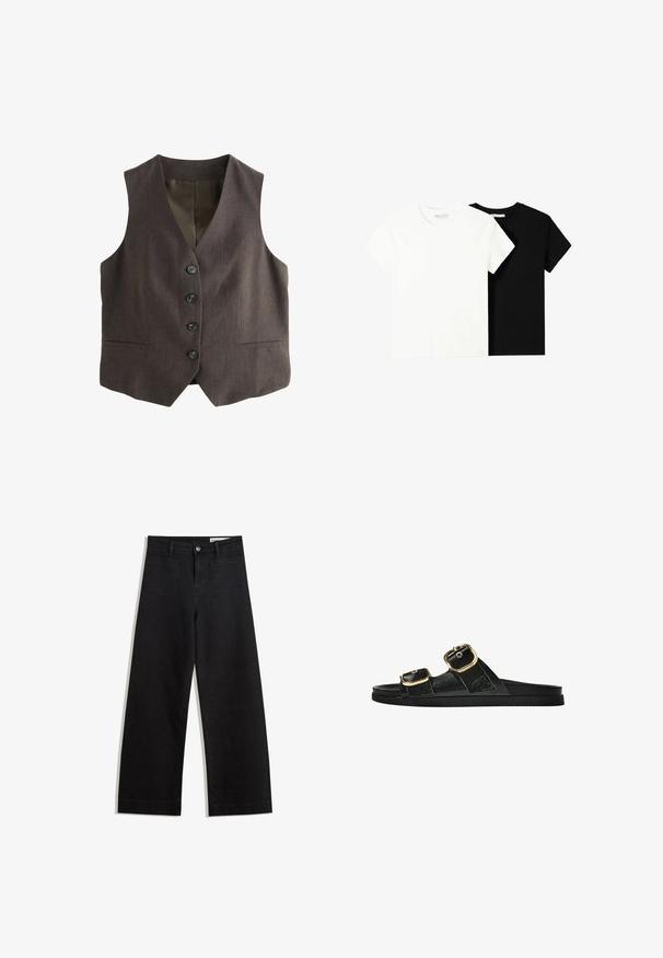 Ruskea liivi klassisella leikkauksella; syvä V-pääntie, kuusi nappia edessä ja kaksi sivutaskua. Rakennekangas.; Kaksi lyhythihaista t-paitaa, yksi valkoinen ja yksi musta, valmistettu puuvillasta. Molemmissa on pyöreä kaula-aukko ja yksinkertainen, klassinen muotoilu.; Mustat leveät farkut korkealla vyötäröllä, joissa on etu- ja takataskut, ommellut saumat ja nappisuljenta. Silkinoinen rakenne.; Musta liukusandaali, jossa on kaksi kultaisesta solkesta tehtyä korostusta, sileäpintainen materiaali, litteä pohja ja minimalistinen muotoilu.