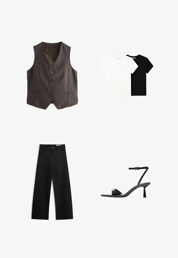 Brun väst med en klassisk skärning; har en djup V-halsringning, sex knappar framtill och två sidofickor. Texturerad tyg.; Två kortärmade t-shirts, en vit och en svart, tillverkade av bomull. Båda har en rund halsringning och en enkel, klassisk design.; Svarta vida denimbyxor med hög midja, med fram- och bakfickor, sydda sömmar och knappstängning. Slät textur.; Bershka Sandaletter - black
