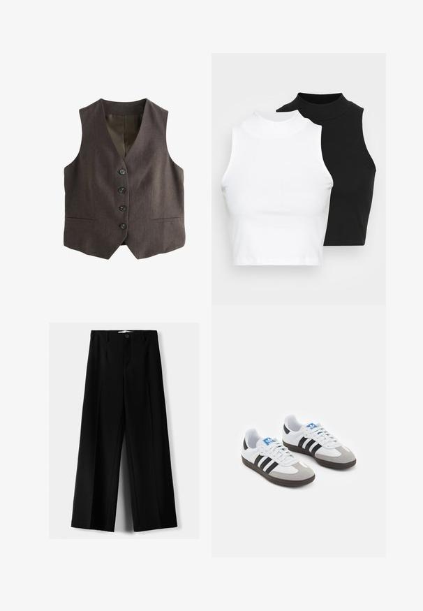 Brown vest with a classic cut; features a deep V-neck, six buttons down the front, and two side pockets. Textured fabric.; Two sleeveless ribbed turtleneck tops in black and white, featuring a fitted design and smooth texture, with cropped length.; Black wide-leg trousers made of lightweight fabric, featuring a front button closure and flat front, with neatly stitched hems.; Sport shoes with a white leather upper, gray suede toe, and three black stripes. Features a blue logo on the tongue and a textured rubber sole.