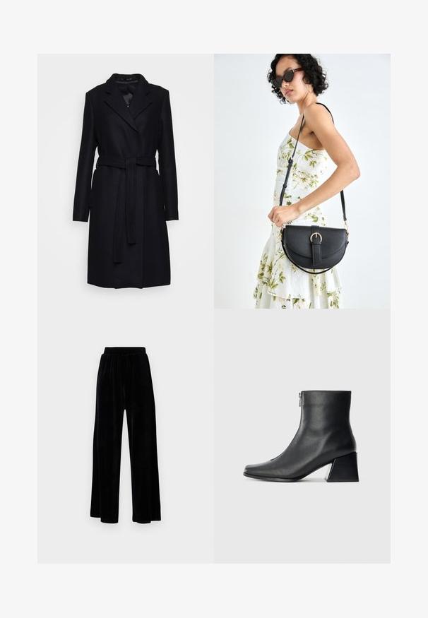 Black wool blend coat with long sleeves, a notched collar, belt at the waist, and side pockets; smooth texture and tailored design.; Black turtleneck sweater made of ribbed fabric. Long sleeves, close-fitting design, and a slightly relaxed hem with no visible patterns or hardware.; Black wide-leg trousers made of soft velvet, featuring an elastic waistband and a smooth texture, with no visible detailing or patterns.; Black leather ankle boot with square toe, side zipper, and block heel against plain light background.; Black leather handbag with a curved shape, detachable strap, and gold hardware. The bag features a flap with a buckle detail.