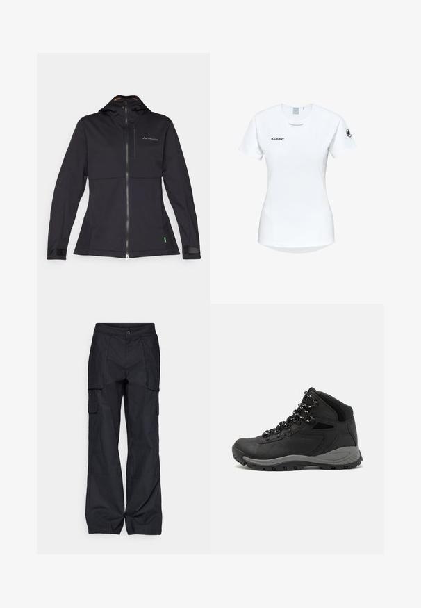 Black softshell jacket with a hood, features a front zipper, elastic cuffs, and a logo on the chest. Smooth texture, tailored design.; Short-sleeve white athletic shirt with a round neckline, featuring a logo on the chest and a smooth, lightweight fabric texture.; Columbia BREA FALLS™ COTTON RIPSTOP PANT - Outdoor trousers - black; Black hiking boot with a mid-top design, featuring a textured upper, gray accents, and durable rubber sole with traction lugs.