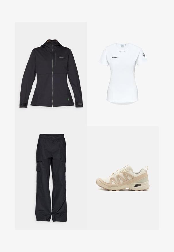 Black softshell jacket with a hood, features a front zipper, elastic cuffs, and a logo on the chest. Smooth texture, tailored design.; Short-sleeve white athletic shirt with a round neckline, featuring a logo on the chest and a smooth, lightweight fabric texture.; Columbia BREA FALLS™ COTTON RIPSTOP PANT - Outdoor trousers - black; Beige and cream athletic shoe with textured mesh upper, supportive overlays, and rubber outsole featuring a tread pattern for traction.