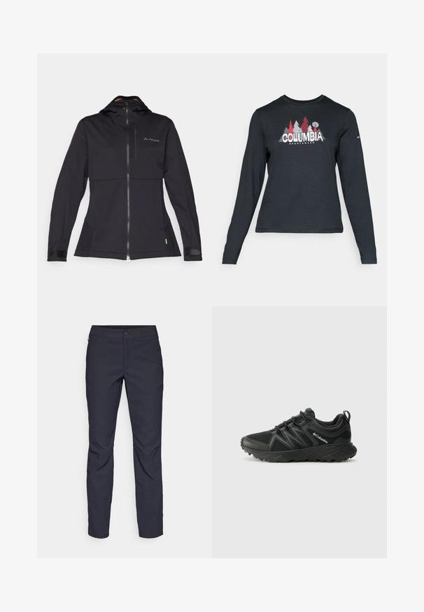 Black softshell jacket with a hood, features a front zipper, elastic cuffs, and a logo on the chest. Smooth texture, tailored design.; Long-sleeve dark gray shirt with a graphic of red trees and mountains; "COLUMBIA" logo in bold white text. Soft fabric, standard crew neck.; Navy blue pants made of smooth fabric, featuring a front button closure, slim-fit design, and creased detailing at the knees.; Columbia PEAKFREAK - Hiking shoes - black
