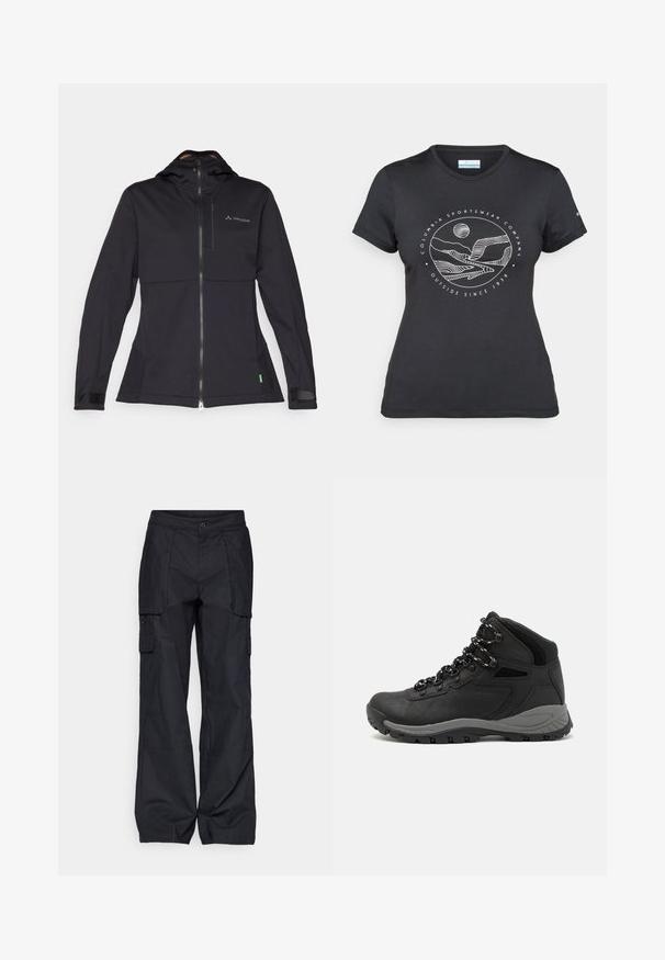 Zwarte softshell jas met capuchon, voorzien van een rits aan de voorkant, elastische manchetten en een logo op de borst. Gladde textuur, op maat ontworpen.; Zwarte Columbia t-shirt met witte cirkelvormige lijntekening van bergen en een rivier en de tekst "Columbia Sportswear Company Outside Since 1938."; Columbia BREA FALLS™ COTTON RIPSTOP PANT - Outdoorbroeken - black; Zwarte wandelschoen met een mid-top ontwerp, voorzien van een gestructureerde bovenkant, grijze accenten en een duurzame rubberen zool met gripnoppen.