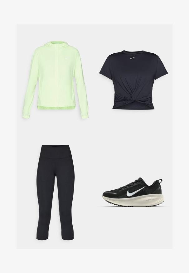 Lys grønn Nike-jakke med hette, elastiske mansjetter og underkant. Har en glatt, matt tekstur og en liten hvit logo på venstre bryst.; Svart trenings T-skjorte laget av glatt stoff, med en knyttet frontdesign og en liten hvit Nike-logo på brystet.; Sorte, cropped leggings laget av elastisk stoff, med høy midje og glatt tekstur, uten synlige mønstre eller detaljer.; Svart Nike løpesko med pustende mesh-overdel, hvit swoosh-logo, teksturert detaljer og en kremfarget ZoomX mellomsåle.