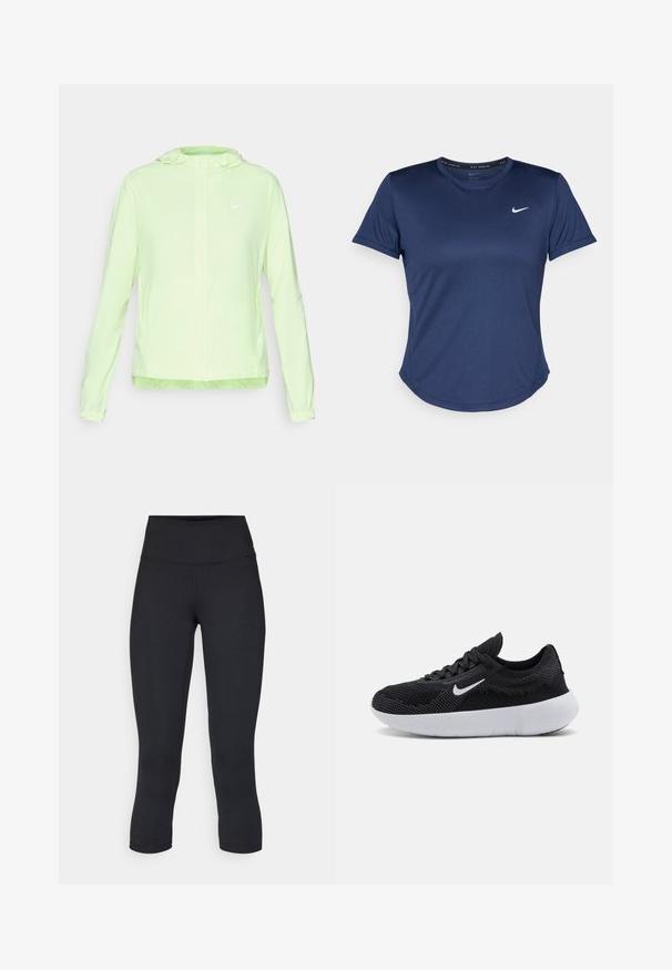 Casaco Nike verde-claro com capuz, punhos e bainha elásticos. Apresenta uma textura suave e mate, com um pequeno logo branco no lado esquerdo do peito.; T-shirt atlético azul-marinho com mangas curtas, decote redondo e logótipo da Nike no peito. Feito de um tecido liso e leve.; Leggings pretos cropped feitos de tecido elástico, apresentando uma cintura alta e uma textura suave, sem padrões ou acessórios visíveis.; Sapato atlético preto com parte superior em malha, design texturizado, bico arredondado, sola de borracha branca e um logotipo da Nike na lateral.