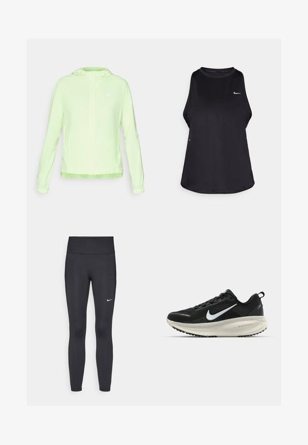 Lys grøn Nike-jakke med hætte, elastiske manchetter og kant. Har en glat, mat tekstur og et lille hvidt logo på venstre bryst.; Sort ærmeløs løbetrøje lavet af let materiale med rund hals; har et diskret logo og sideåbninger for åndbarhed.; Sorte leggings lavet af strækbart stof, med en høj talje og et hvidt Nike-logo på venstre lår. Glat tekstur, tætsiddende design.; Sort Nike løbesko med åndbart mesh-overdel, hvidt swoosh-logo, tekstureret detaljering og en cremede ZoomX mellemsål.
