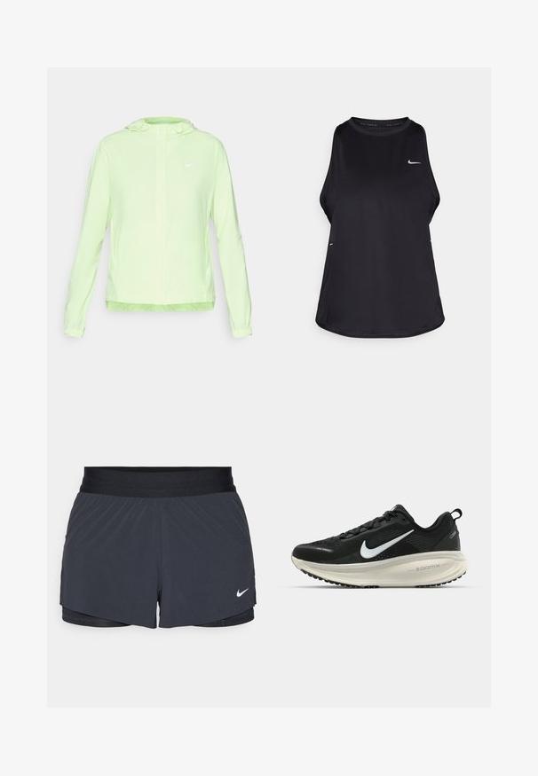 Giacca Nike verde chiaro con cappuccio, polsini e orlo elasticizzati. Presenta una texture liscia e opaca e un piccolo logo bianco sul lato sinistro del petto.; Canotta da corsa nera senza maniche realizzata in materiale leggero con collo rotondo; presenta un logo discreto e fessure laterali per la traspirabilità.; Pantaloni sportivi neri con vita elastica, caratterizzati da un design a strati e un piccolo logo Nike bianco in basso a sinistra. Materiale leggero.; Scarpa da corsa nera Nike con tomaia in rete traspirante, logo Swoosh bianco, dettagli testurizzati e intersuola ZoomX di colore crema.