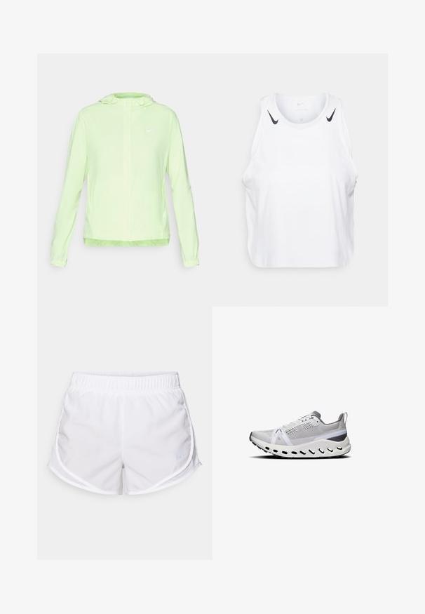 Lichtgroene Nike-jas met capuchon, elastische manchetten en zoom. Heeft een gladde, matte textuur en een klein wit logo op de linkerborst.; Witte mouwloze tanktop van lichtgewicht stof, met zwarte Nike-logo accenten op de schouders, een ronde halslijn en een relaxte pasvorm.; Witte sportshorts van lichtgewicht, ademend materiaal. Voorzien van een elastische tailleband en mesh zijpanelen, met een klein blauw logo accent.; Witte sportieve schoenen met een mesh bovenkant, grijze accenten, een dikke dempingszool en meerdere ventilatiegaten langs de onderrand.