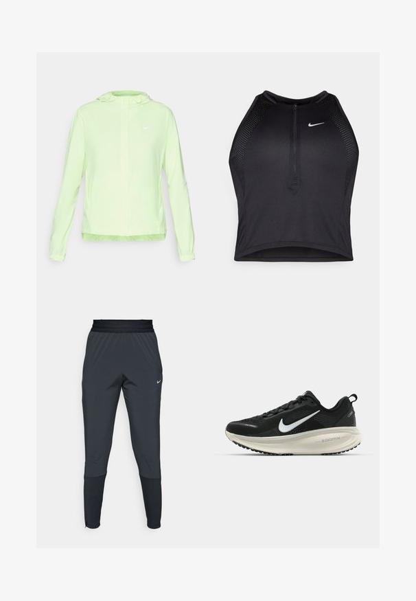 Ljusgrön Nike-jacka med huva, elastiska ärmslut och nederkant. Har en jämn, matt yta och en liten vit logotyp på vänster bröst.; Svart atletisk crop top med dragkedja framtill, nätdetaljer och en figurnära design. Tillverkad av elastiskt, andningsbart material. Nike-logga på framsidan.; Nike träningbyxor i mörkgrått, med en tapered ben-design, elastisk midja och accentdetaljer nära muddarna.; Svart Nike löparsko med andningsbart mesh-ovandel, vit swoosh-logotyp, texturerad detaljering och en krämfärgad ZoomX-mellansula.