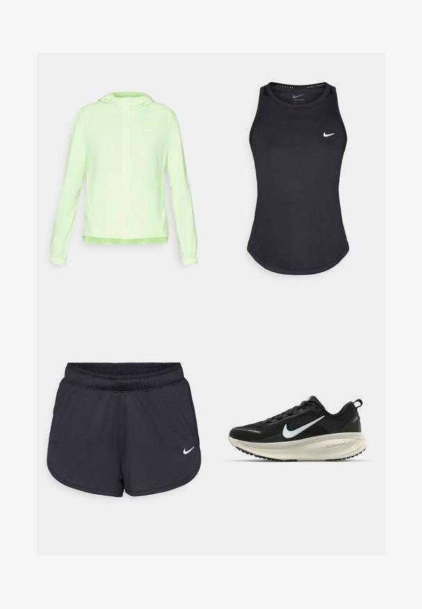Giacca Nike verde chiaro con cappuccio, polsini e orlo elasticizzati. Presenta una texture liscia e opaca e un piccolo logo bianco sul lato sinistro del petto.; Top sportivo nero realizzato in materiale traspirante. Presenta un colletto rotondo, una vestibilità slim e il logo Nike bianco sul petto.; Pantaloncini sportivi neri realizzati in tessuto leggero e traspirante. Caratterizzati da una vita elastica e dal logo Nike bianco sul lato inferiore destro.; Scarpa da corsa nera Nike con tomaia in rete traspirante, logo Swoosh bianco, dettagli testurizzati e intersuola ZoomX di colore crema.
