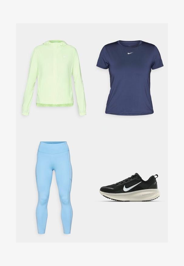 Lichtgroene Nike-jas met capuchon, elastische manchetten en zoom. Heeft een gladde, matte textuur en een klein wit logo op de linkerborst.; Marineblauw sportshirt met korte mouwen, gemaakt van gladde, lichte stof, met een klein wit Nike-logo op de borst.; Lichtblauwe leggings van rekbaar materiaal. Beschikt over een hoge tailleband, een soepele textuur en gebogen naden langs de benen.; Zwarte Nike hardloopschoen met ademend mesh bovenwerk, witte swoosh-logo, gestructureerde details en een crèmekleurige ZoomX middenzool.