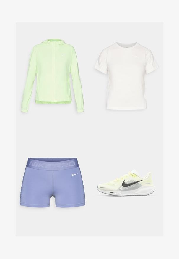 Giacca Nike verde chiaro con cappuccio, polsini e orlo elasticizzati. Presenta una texture liscia e opaca e un piccolo logo bianco sul lato sinistro del petto.; T-shirt bianca leggera con maniche corte, collo rotondo e un piccolo logo nell'angolo in alto a sinistra. Tessuto morbido con una leggera lucentezza.; Shorts a compressione Nike Pro in lilla chiaro, con una cintura ampia con il testo "NIKE PRO", texture liscia e dettagli laterali a motivo.; Scarpe da corsa Nike con una tomaia in rete giallo chiaro e bianco, dettagli grigi e una suola in gomma flessibile. Presentano una chiusura con lacci.