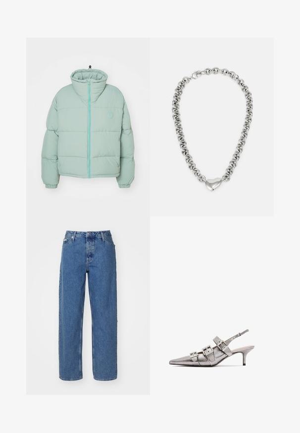Light green puffer jacket with a high collar, front zipper, ribbed cuffs, and an embossed logo on the chest. Soft matte finish and quilted texture.; Light pink cotton t-shirt with a crew neck, featuring a silver embroidered "Calvin Klein" logo and subtle "CK" design on the chest.; Light blue denim jeans with a high waist, straight leg design, five-pocket styling, and slightly faded texture. Rivet and button closure.; Metallic silver slingback heel with pointed toe, featuring three wide straps and square metallic buckles. Glossy texture and slim heel.; Silver chain necklace featuring interconnected round links and a polished heart-shaped accent in the center. Secure clasp included.
