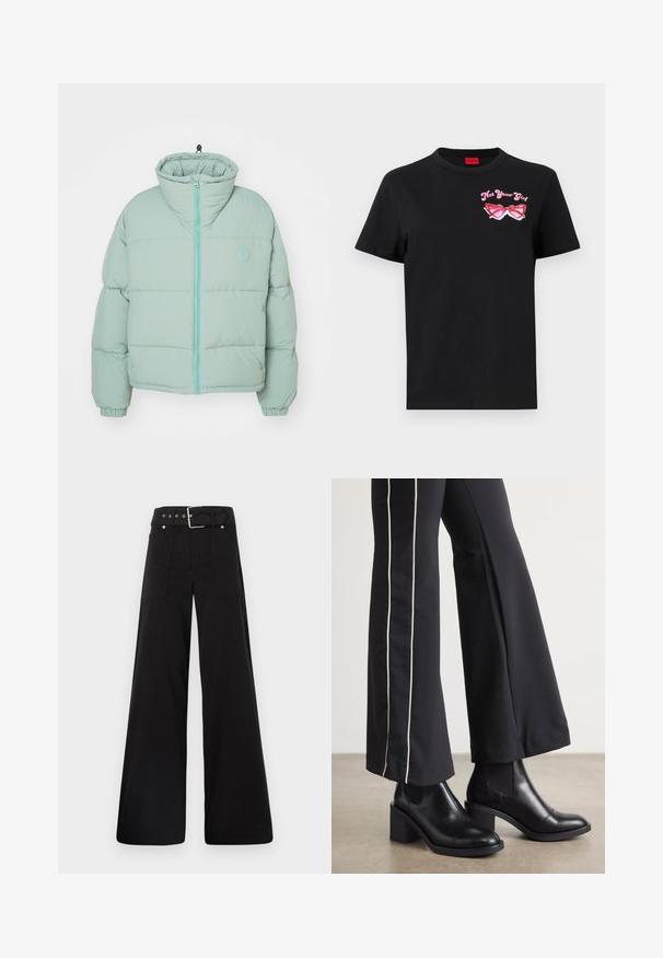 Gaiši zaļa pūka jaka ar augstu apkakli, priekšējo rāvējslēdzēju, ribotiem piedurkņu galiem un iegravētu logotipu uz krūšu. Mīksta matēta apdare un izšūtas tekstūras.; Melnas kokvilnas t-krekls ar īsām piedurknēm, kurā ir rozā grafika ar saulesbrillēm un uzrakstu "Ne tava meitene" kreisajā krūtīs.; Melna platā kāju bikses, izgatavotas no kokvilnas, ar augstu jostasvietu, lieliem sānu kabatām un jostu ar sudraba detaļām.; Melnas ādas potīšu zābaki ar blokveida papēdi, aprīkoti ar elastīgām sānu paneļiem. Kombinēti ar melniem biksēm, kuru sānos ir baltas svītras.