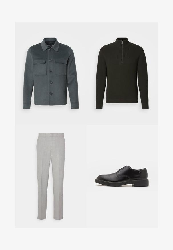 Tamno sivi kaput od meke tkanine, s gumbima sprijeda, dva džepa na prsima i ovratnikom s preklopom.; Crni rebrasti pleteni pulover s visokim ovratnikom i kratkim zatvaračem na zip, s dugim rukavima i uskim krojem.; Svijetlosive hlače od glatkog materijala, ravnog prednjeg dijela i straight kroja. Izrađene od prozračnog materijala, s unutarnjim džepovima i petljama za remen.; Crne kožne cipele s vezanjem i zaobljenim vrhom, glatke teksture, minimalnim šavovima i niskim gumiranim potplatom. Logo se nalazi na peti.