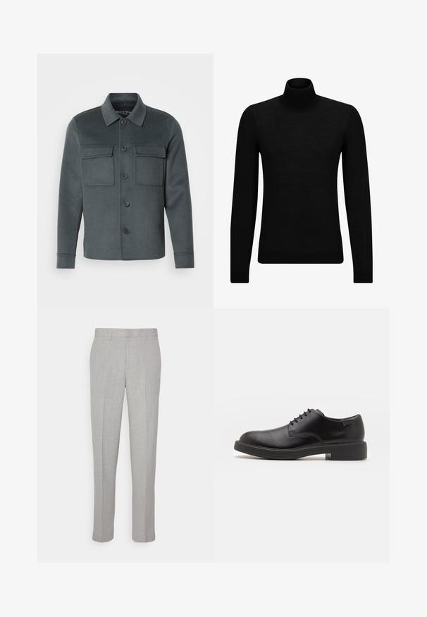 Giacca grigia scura realizzata in tessuto morbido, con chiusura a bottoni sul davanti, due tasche sul petto e colletto con polsini ripiegati.; Maglione a collo alto nero realizzato in materiale morbido, con maniche lunghe e vestibilità aderente. Bordo a coste all'orlo e ai polsini. Design semplice.; Pantaloni grigi chiari con una texture liscia, frontale piatto e gambe dritte. Realizzati in tessuto traspirante, dotati di tasche interne e passanti per cintura.; Scarpa nera in pelle con lacci, punta tonda, texture liscia, cuciture minime e tacco in gomma basso. Logo sul tacco.