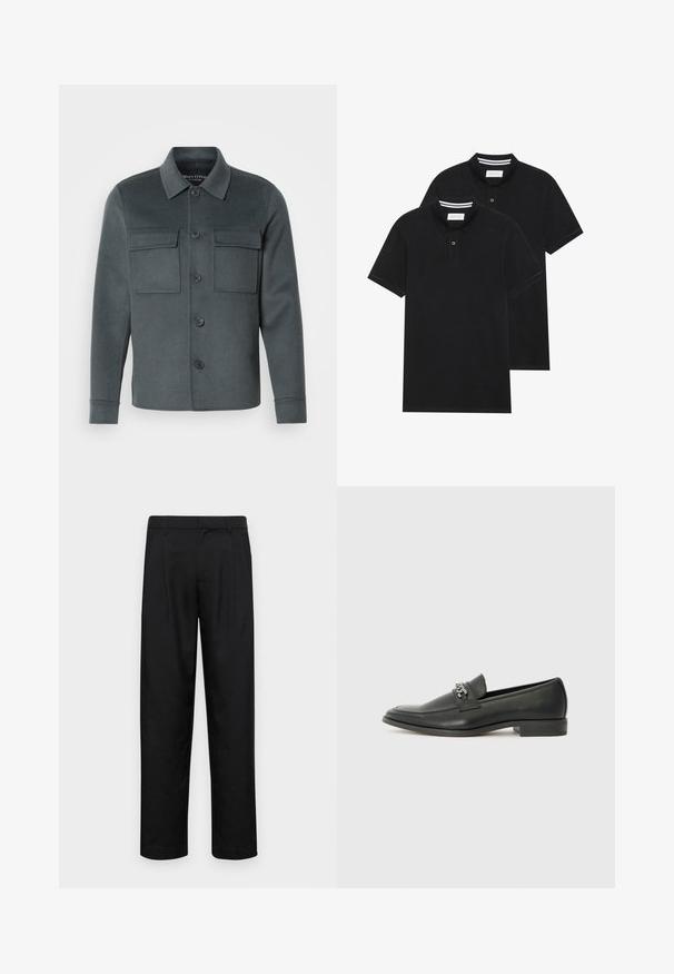Giacca grigia scura realizzata in tessuto morbido, con chiusura a bottoni sul davanti, due tasche sul petto e colletto con polsini ripiegati.; Due magliette polo nere, con maniche corte, in cotone, con colletto classico, pattina a due bottoni e dettagli a righe bianche all'interno del colletto.; Pantaloni neri realizzati in tessuto liscio, caratterizzati da un taglio dritto, due pieghe frontali e una vita standard con passanti per la cintura.; Mocassino in pelle nera con finitura liscia, caratterizzato da un design cucito e da un accento decorativo in catena metallica sul vamp. Tacco piatto.