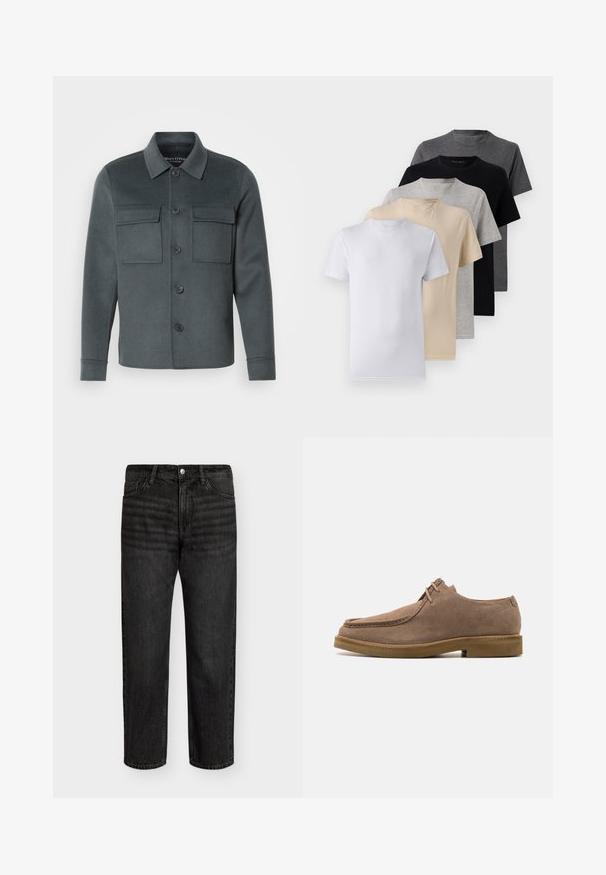 Temno siva jakna iz mehkega blaga, s sprednjim zapenjanjem na gumb, dvema žepoma na prsih in ovratnikom s prepognjenimi manšetami.; Komplet petih kratkih majic s kratkimi rokavi v beli, bež, svetlo sivi, temno sivi in črni barvi. Narejene so iz gladkega bombaža in imajo krojen ovratnik.; Črne denim hlače s ravnim krojem, srednjega pasu, z petimi žepi in kovinskim gumbom za zapiranje. Gladka tekstura z rahlim zbledelostjo.; Zign LEATHER - Neformalni čevlji z vezalkami - taupe
