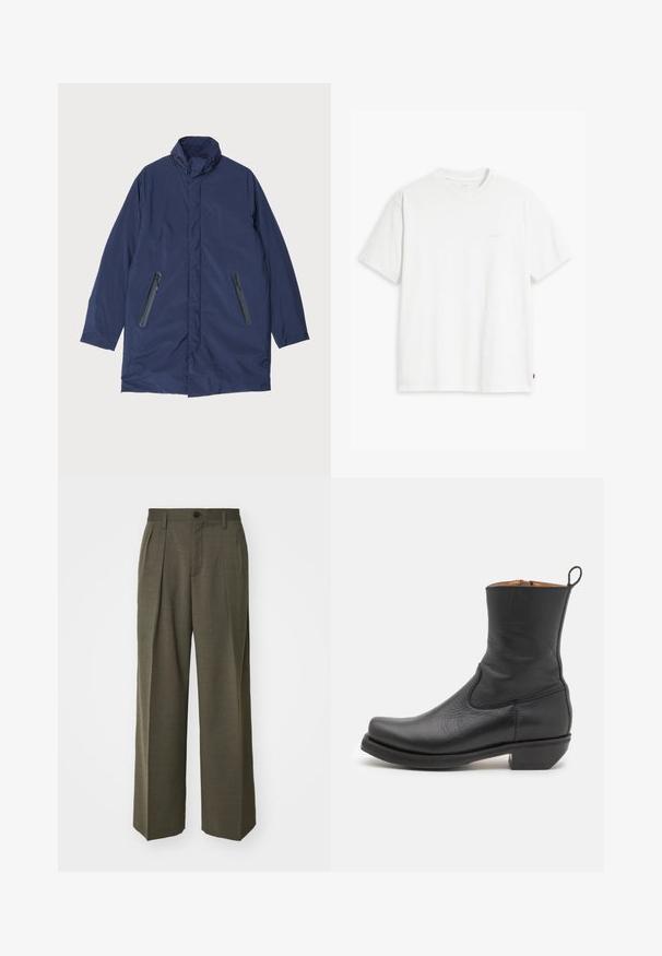 Navy blue parka jacket with a high collar, featuring two zippered side pockets and a smooth, lightweight fabric.; White cotton t-shirt with short sleeves, round neckline, and a subtle "Levi's" logo printed in light color on the front.; Filippa K WIDE TROUSERS - Trousers - driftwood; Black leather ankle boot with a smooth texture, slim profile, side stitching, and a low square heel. Features a pull tab at the back.