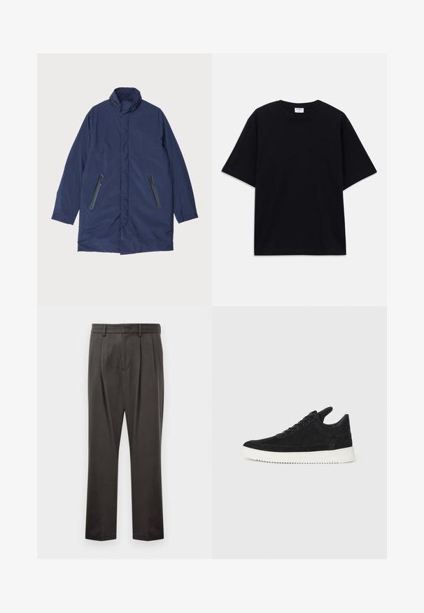 Tumši zils parka jaka ar augstu apkakli, kurai ir divas ar rāvējslēdzēju aizveramas sānu kabatas un gluda, viegla auduma.; Melns īsām piedurknēm oversize T-krekls ar apaļu kakla izgriezumu un redzamu Filippa K zīmola birku iekškaklā.; Tumši pelēki bikses, izgatavotas no teksturēta auduma, ar taisnu priekšpusi, krokojumu, taisnām kājām un jostu cilpām. Nav redzamu metālu detaļu vai rakstu.; Melna zamša apavi ar baltu gumijas zoli, ar tonālu izšuvumu un auklu dizainu. Gluda tekstūra ar mūsdienīgu, plūstošu formu.