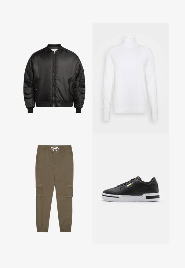 Redefined Rebel TRACE JACKET - Chaquetas bomber - black; Suéter blanco de cuello alto y mangas largas, hecho de una tela suave. Presenta un diseño ajustado y puños y dobladillo acanalados. Sin patrones ni acentos.; Pantalones cargo caqui con cintura elástica y cordón, que cuentan con bolsillos laterales y tobillos ajustados. Fabricados en un material ligero y texturizado.; Zapatilla deportiva de cuero negro con media suela blanca, puntera perforada, detalle del logo en dorado, cuello acolchado y acentos en negro contrastantes en los laterales.