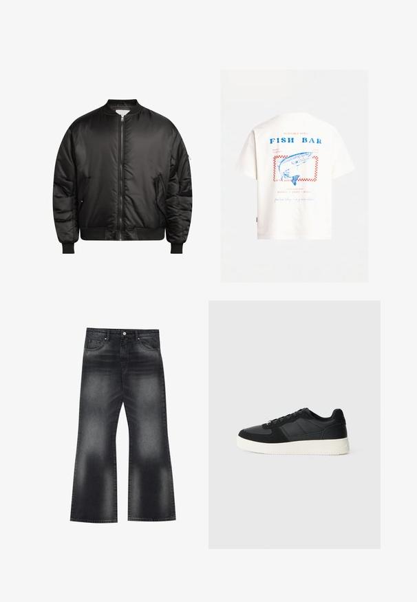 Redefined Rebel TRACE JACKET - Μπουφάν τύπου bomber - black; Λευκό βαμβακερό μπλουζάκι με γραφικό μπλε ψάρι, κόκκινο καρό περίγραμμα και κείμενο "FISH BAR" στην πλάτη. Κοντά μανίκια, χαλαρή εφαρμογή.; Μαύρα τζιν φαρδιάς γραμμής με ξεθωριασμένη πλύση, πέντε τσέπες και αντίθετη ραφή, παρουσιάζοντας μια ελαφρώς φαρδιά άκρη ποδιού.; Μαύρο χαμηλό αθλητικό παπούτσι με υφή από δέρμα και σουέτ πάνελ, λευκή καουτσούκ σόλα και μαύρα κορδόνια σε απλή ανοιχτή υπόβαθρο.