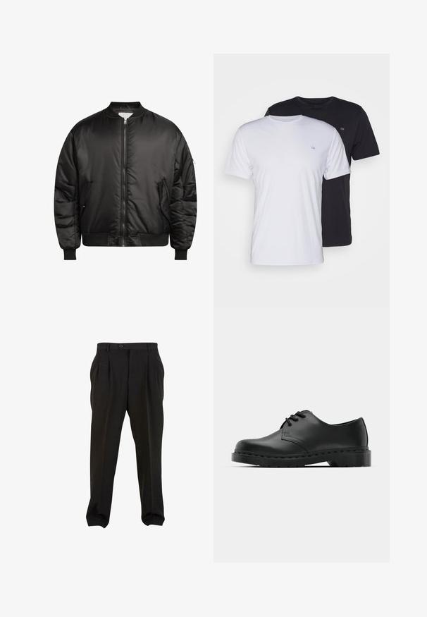 Redefined Rebel TRACE JACKET - Bomberjacks - black; Twee katoenen t-shirts in het wit en zwart, met korte mouwen en ronde halsen, voorzien van een klein logo op de borst, met een soepele textuur.; Zwarte broek van gladde stof, met voorplooien, een knopenband en taps toelopende enkelboorden. Klassieke taillering.; Zwarte leren oxford schoenen met vetersluiting, ronde neus, platte rubberen zool en subtiele stiksel details langs het bovenwerk.