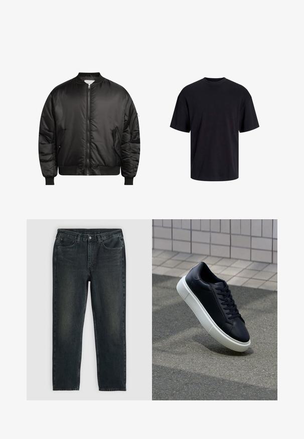 Redefined Rebel TRACE JACKET - Bomber Jacket - black; Black cotton t-shirt with a crew neckline, short sleeves, and a relaxed fit. Smooth texture and no visible patterns or accents.; Dark blue denim jeans with a straight-leg cut, featuring five pockets, a zip fly, and contrasting stitching. Subtle fading on the fabric.; Black leather sneaker with rounded toe and white rubber sole. Features flat laces and minimal stitching on the upper. Textured sole for grip.