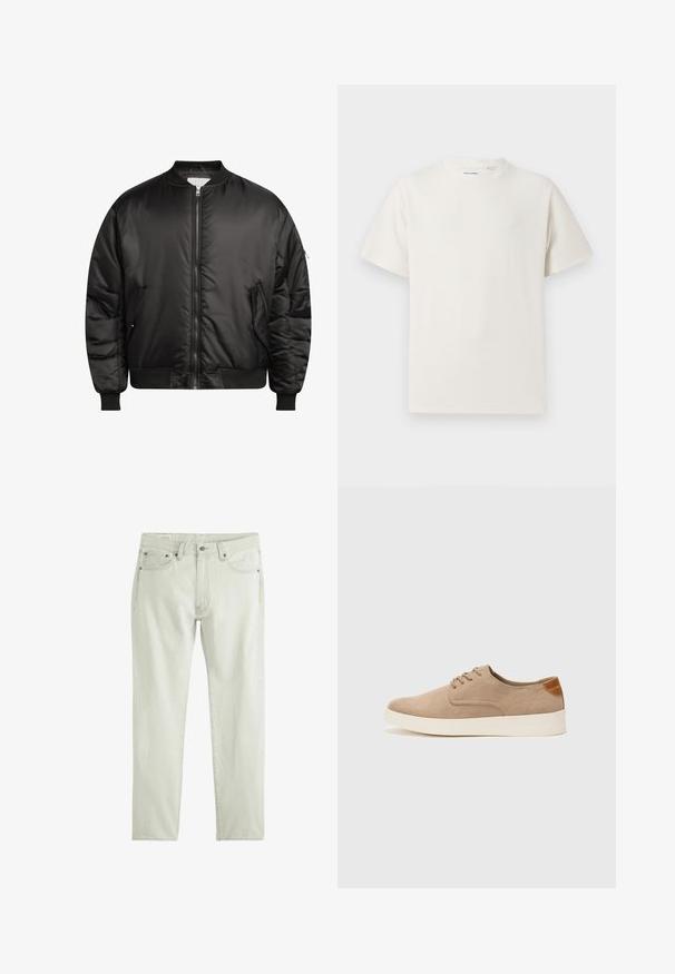 Redefined Rebel - Kurtka Bomber; Biała krótka koszulka z krótkim rękawem o żebrowanej fakturze. Okrągły dekolt, luźny krój, brak widocznych wzorów lub akcentów. Prosty i uniwersalny design.; Levi's® RELAXED szary melanż; Beżowe zamszowe sneakersy z okrągłym noskiem, sznurowanym przodem i teksturowanym akcentem na tyle. Biała gumowa podeszwa tworzy kontrast. Prosty i nowoczesny design.