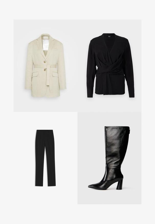 Beige liinapöidla bleiser, millel on vööga talje, kaks eesmist taskut, nurgelised kraed ja kaks nuppu. Krae sees on nähtav silt.; Mustat kääntöpaidan, joka on valmistettu pehmeästä kankaasta, pitkät hihat, v-pääntie ja solmittava vyö, joka korostaa vyötäröä. Silkkinen pinta.; Mustat räätälöidyt housut suoran lahkeen designilla, joissa on etutaskut ja sileä, teksturoitu kangas. Siistit, minimalistiset yksityiskohdat.; Mustat nahkasaappaat, joissa on terävä kärki, sileä pinta ja paksu korko. Takana on vetoketjuyksityiskohta.