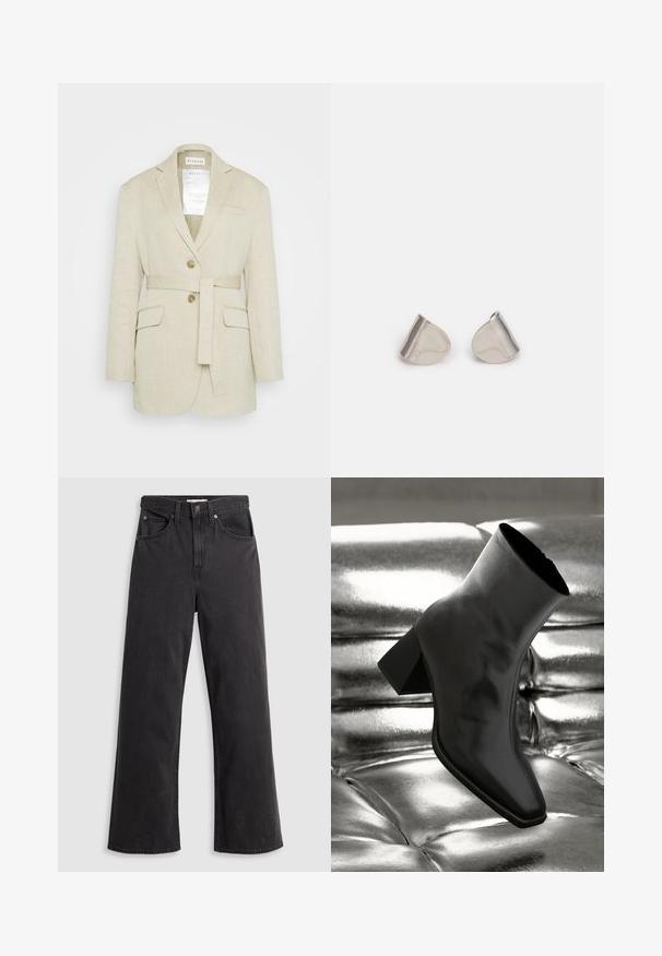 Beež linane bleizer, millel on vööga talje, kaks esitaskut, lõigatud klapid ja kaks nööpi. Kaalumist on sildiga nähtavalt krae sees.; Oliivroheline, läbipaistev pluus sidumisega kaelusega, elastse vöökoha ning volangi pikkade varrukatega. Kerge kangas voolava disainiga.; Mustad teksast laiad püksid kõrge vöökoht, viie tasku ja metallist nupu kinnitusega. Kangas on sile, kergelt kulunud tekstuuriga.; Must musta narmand, läikiva materjali ja ruudukujulise varbaga ning kitseneva kontsaga, paigutatud läikiva hõbedaselt tuftitud tausta ette.; Hõbedased metallkõrvarõngad sujuva pisarakuju ja poleeritud viimistlusega. Diskreetne graveering lisab detaile. Minimalistlik disain.