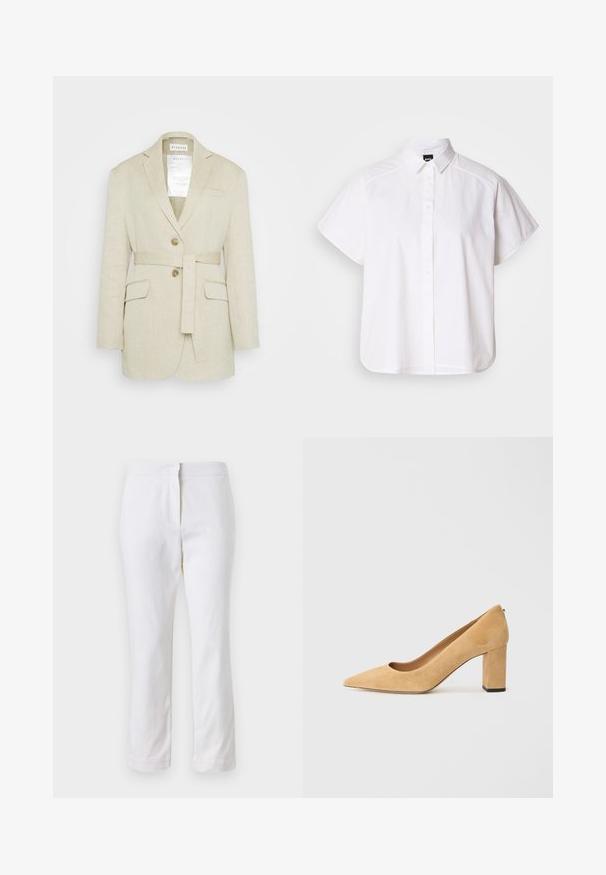 Sacou bej din in cu talie accesorizată cu un cordon, două buzunare frontale, rever tăiat și două nasturi. Include un etichetă vizibilă în interiorul gulerului.; Cămașă albă cu mânecă scurtă, cu nasturi, guler ascuțit și margine curbă. Fabricată din bumbac, cu o textură netedă și fără modele vizibile.; Pantaloni din bumbac alb, cu un design drept, având talie medie și fără hardware sau modele vizibile. Textură uniformă pe întreaga suprafață.; Pantofii cu toc înalt din suede bej au vârful ascuțit și un toc gros. Materialul are o textură moale și o finisare netedă.