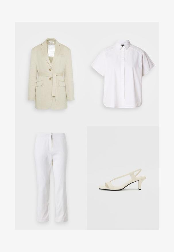 Beige vászon blézer övvel a deréknál, két elülső zsebbel, kivágott gallérral és két gombbal. A gallér belső részén látható címke található.; Fehér, rövid ujjú, gombos ing, hegyes gallérral és ívelt alsó résszel. Pamutból készült, sima textúrával és látható minták nélkül.; Fehér pamut nadrág egyenes lábformával, közepes derékkal, látható fémrészek vagy minták nélkül. Sima textúra az egész anyagon.; Beige színű, blokksarkú szandálok vékony pántokkal és négyzet alakú orral. Simább anyag, minimális részletezéssel, amely könnyű viselésre lett tervezve.