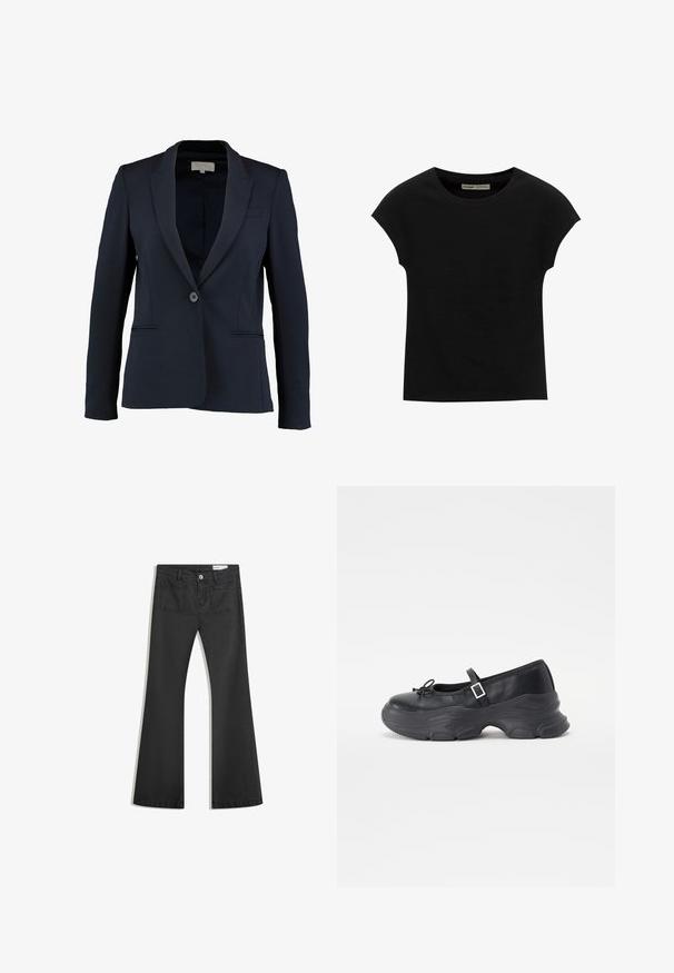 Marineblazer met een geknipt revers, enkele knoopsluiting en twee voorzakken. Gladde stof en getailleerde pasvorm.; Zwart T-shirt met korte mouwen en een ronde halslijn. Gemaakt van soepel, rekbaar katoenen stof. Eenvoudig ontwerp zonder patronen of afbeeldingen.; Zwarte flared jeans van denim met een gladde textuur, voorzien van twee achterzakken en een knoopsluiting bij de taille.; Zwarte leren Mary Jane-schoen met een ronde neus, strikdetails en een verstelbare enkelband. Beschikt over een chunky rubberen zool met gebogen accenten.