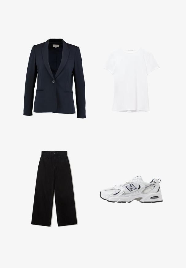 Laivastonsininen bleiseri, jossa on viistetyt kaulukset, yksittäinen nappikiinnitys ja kaksi etutaskua. Sileä kangas ja istuva malli.; Valkoinen lyhythihainen t-paita, joka on valmistettu sileästä kankaasta, ja jossa on pyöreä pääntie sekä hillityt ompelutiedot helmassa.; Musta, leveälahkeinen farkut, joissa on korkea vyötärö, viisi taskua ja etupuolella yksittäinen napitus.; Valkoinen urheilushoe, jossa on verkkomateriaali päällä, laivastonsiniset yksityiskohdat ja pehmeä pohja. Varustettu "N"-logolla, nauhoilla ja teksturoidulla yksityiskohdalla sivussa.