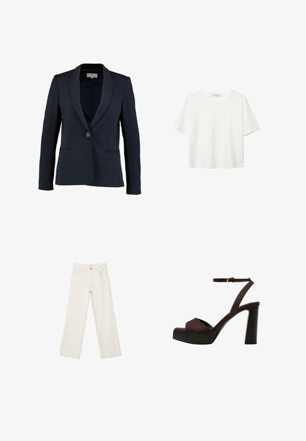 Marinblå kavaj med slagkrage, en knappstängning och två framsidofickor. Slät tygkvalitet och skräddarsydd passform.; Vit t-shirt med kort ärm i bomull. Har en rundad halsringning och en avslappnad passform. Slät textur utan synliga mönster eller detaljer.; Vita vida jeans i denim med hög midja, framfickor och knäppning. Rent design med minimala detaljer.; Bruna mocka högklackade sandaler med öppen tå, justerbar vristrem och en randig plattformssula.