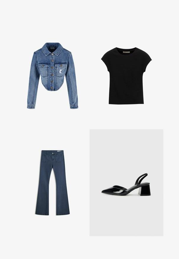 Világoskék, cropped fazonú farmerdzseki hegyes gallérral, gombos záródással, két mellzsebbel és hímzett logóval a bal zsebben.; Fekete, rövid ujjú póló, puha anyagból, kerek nyakkivágással és laza szabással, sima felülettel és minták nélkül.; Sötétkék, bőszárú farmernadrág, varrott zsebekkel, gombos záródással és sima felülettel. Klasszikus ötpocket dizájnnal rendelkezik.; Fekete lakk bőr szandálkés magas sarkú cipő, hegyes orral és geometrikus tömbsarkakkal. Karcsú, minimalista dizájn és sima textúra jellemzi.