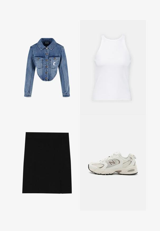 Zkombinovaná džínová bunda světle modré barvy s špičatým límcem, zapínáním na knoflíky, dvěma náprsními kapsami a vyšitým logem na levé kapse.; Bílý bezrukávový top vyrobený z ribbed látky, s kulatým výstřihem a přiléhavým střihem, s minimem švů a bez ozdob.; Černá mini sukně z jemné tkaniny s přiléhavým střihem, která má mírný rozparek na boku pro přidaný detail.; Bílé běžecké boty z síťoviny se šedými akcenty, kulatou špičkou, šněrovacím designem, polstrovanou podrážkou a výrazným logem "N" po straně.