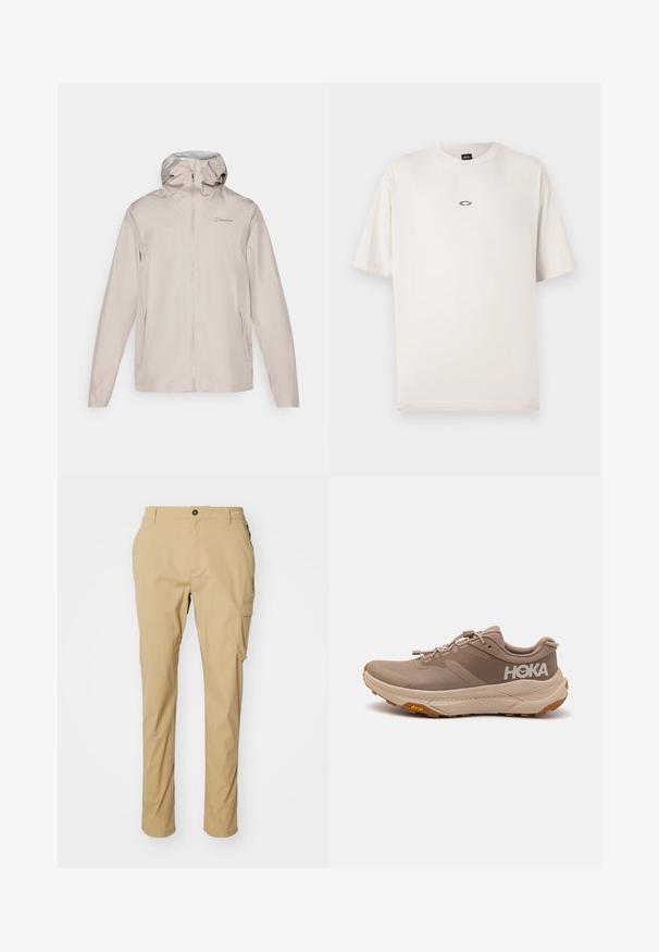 Svetlo bež dežni plašč s kapuco, narejen iz lahkega, vodoodpornega materiala. Ima celotni zadrgo spredaj in elastične manšete. Logotip blagovne znamke na prsih.; Oakley RISE TEE - Navadna majica - mist; Kačaste hlače iz lahkega materiala, v bež barvi, s ravnim krojem, stranskimi žepi in gumbom za zapiranje na pasu.; Svijetlosmeđi tenisice za trčanje s teksturiranim gornjim dijelom, gumenim potplatom i HOKA logotipom. Imaju elastične vezice i ojačani heel za stabilnost.